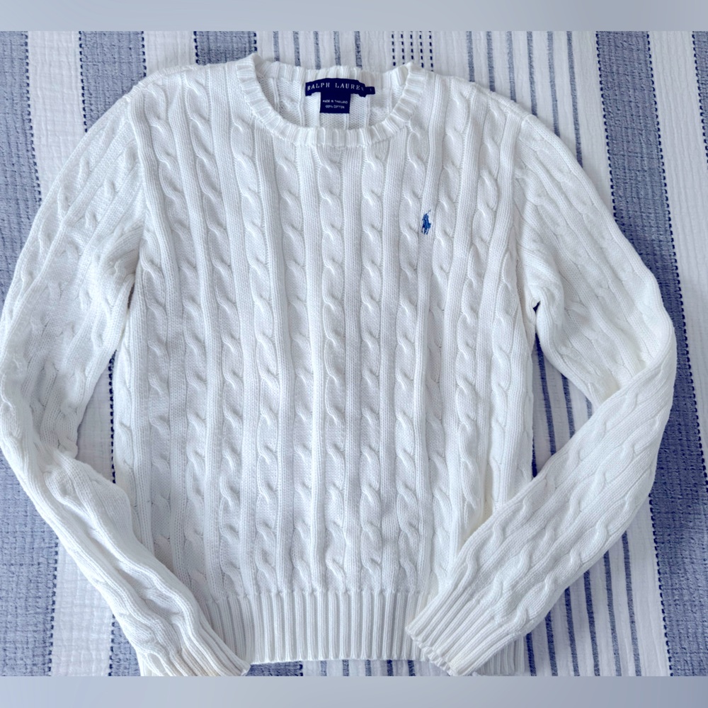 Ralph Lauren White Crewneck Cable Knit Sweater